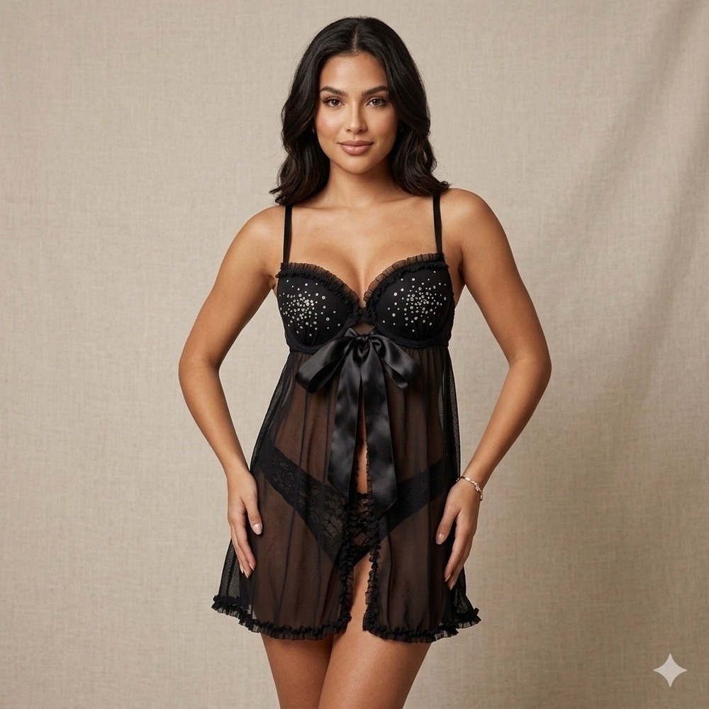 Victorias Secret Slip Dress 34C Black‎ Babydoll Lace Sequin Y2K Coquette Gothic
